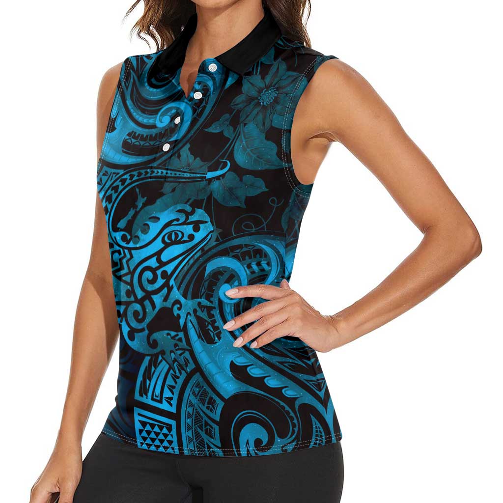 New Zealand Tuatara Women Sleeveless Polo Shirt Aotearoa Maori Clematis Flowers - Blue LT14 - Polynesian Pride