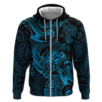 New Zealand Tuatara Zip Hoodie Aotearoa Maori Clematis Flowers - Blue LT14 Zip Hoodie Blue - Polynesian Pride