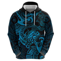 New Zealand Tuatara Zip Hoodie Aotearoa Maori Clematis Flowers - Blue LT14 - Polynesian Pride