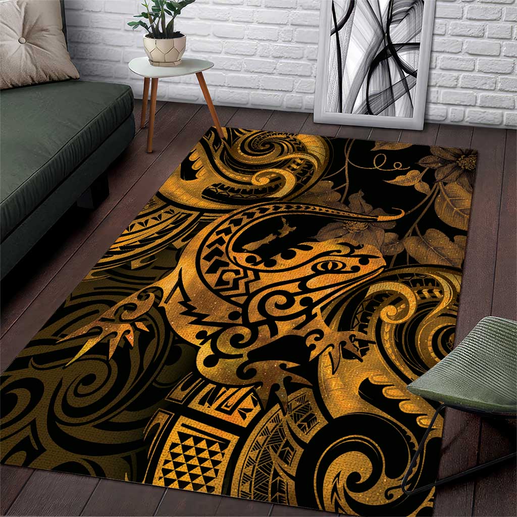 New Zealand Tuatara Area Rug Aotearoa Maori Clematis Flowers - Gold LT14 Gold - Polynesian Pride