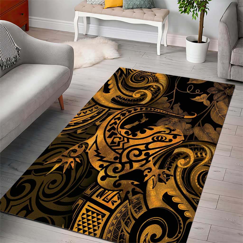 New Zealand Tuatara Area Rug Aotearoa Maori Clematis Flowers - Gold LT14 - Polynesian Pride