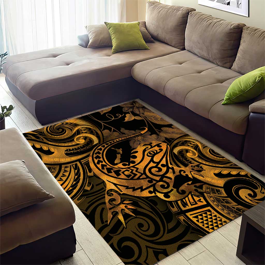 New Zealand Tuatara Area Rug Aotearoa Maori Clematis Flowers - Gold LT14 - Polynesian Pride