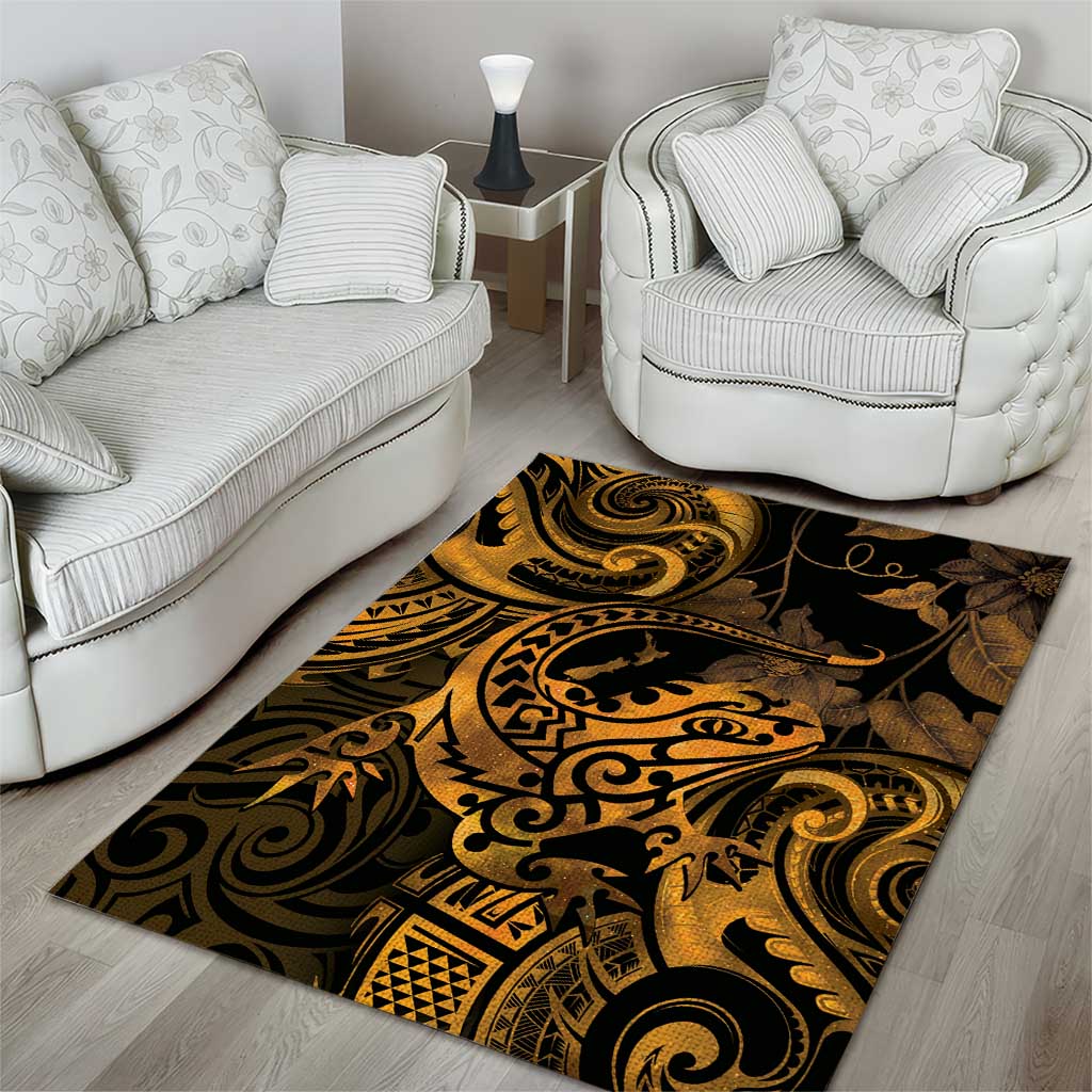 New Zealand Tuatara Area Rug Aotearoa Maori Clematis Flowers - Gold LT14 - Polynesian Pride