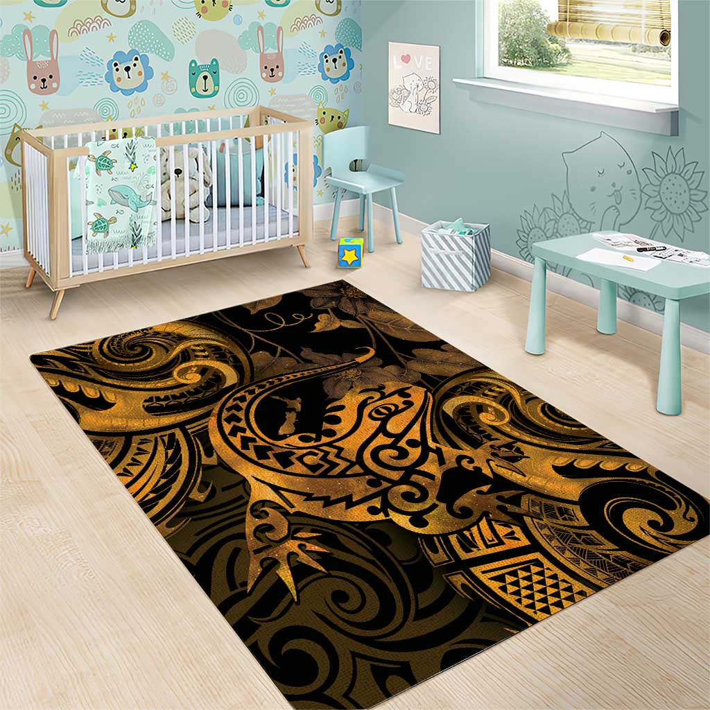 New Zealand Tuatara Area Rug Aotearoa Maori Clematis Flowers - Gold LT14 - Polynesian Pride