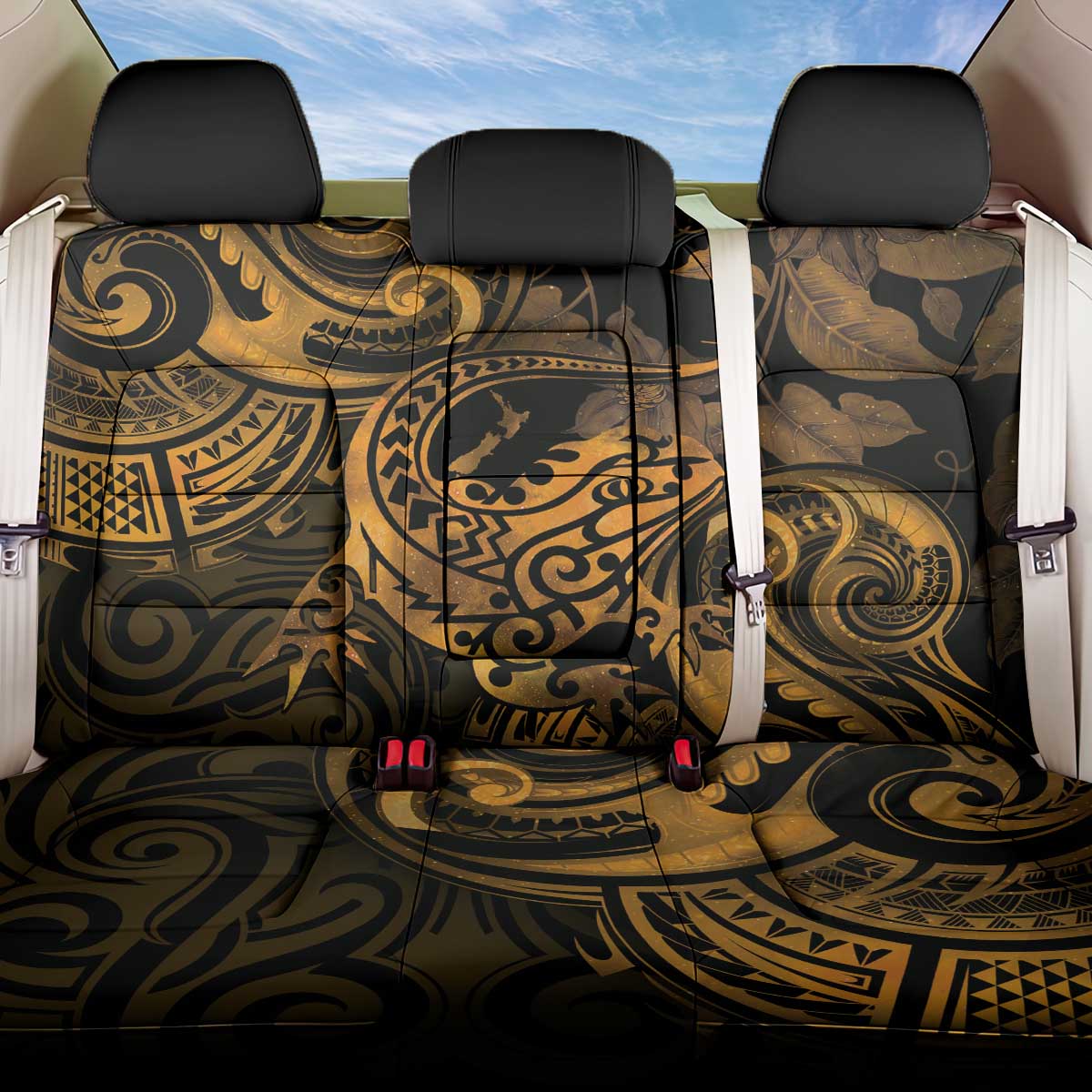 New Zealand Tuatara Back Car Seat Cover Aotearoa Maori Clematis Flowers - Gold LT14 One Size Gold - Polynesian Pride