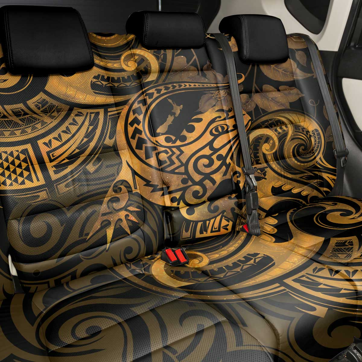 New Zealand Tuatara Back Car Seat Cover Aotearoa Maori Clematis Flowers - Gold LT14 - Polynesian Pride