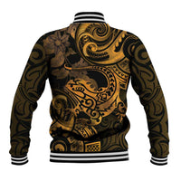 New Zealand Tuatara Baseball Jacket Aotearoa Maori Clematis Flowers - Gold