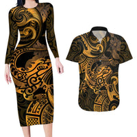 New Zealand Tuatara Couples Matching Long Sleeve Bodycon Dress and Hawaiian Shirt Aotearoa Maori Clematis Flowers - Gold LT14 Gold - Polynesian Pride