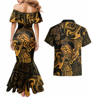New Zealand Tuatara Couples Matching Mermaid Dress and Hawaiian Shirt Aotearoa Maori Clematis Flowers - Gold LT14 - Polynesian Pride