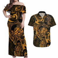 New Zealand Tuatara Couples Matching Off Shoulder Maxi Dress and Hawaiian Shirt Aotearoa Maori Clematis Flowers - Gold LT14 Gold - Polynesian Pride