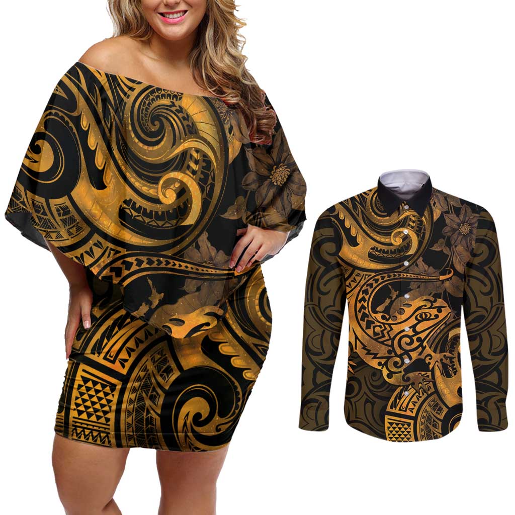 New Zealand Tuatara Couples Matching Off Shoulder Short Dress and Long Sleeve Button Shirt Aotearoa Maori Clematis Flowers - Gold LT14 Gold - Polynesian Pride