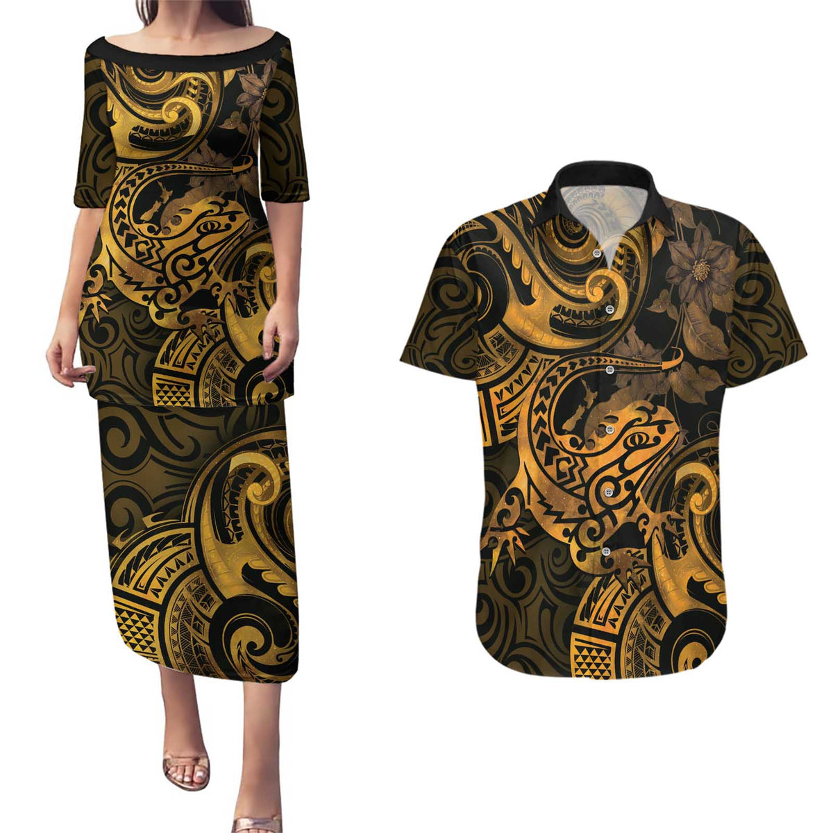 New Zealand Tuatara Couples Matching Puletasi and Hawaiian Shirt Aotearoa Maori Clematis Flowers - Gold LT14 Gold - Polynesian Pride