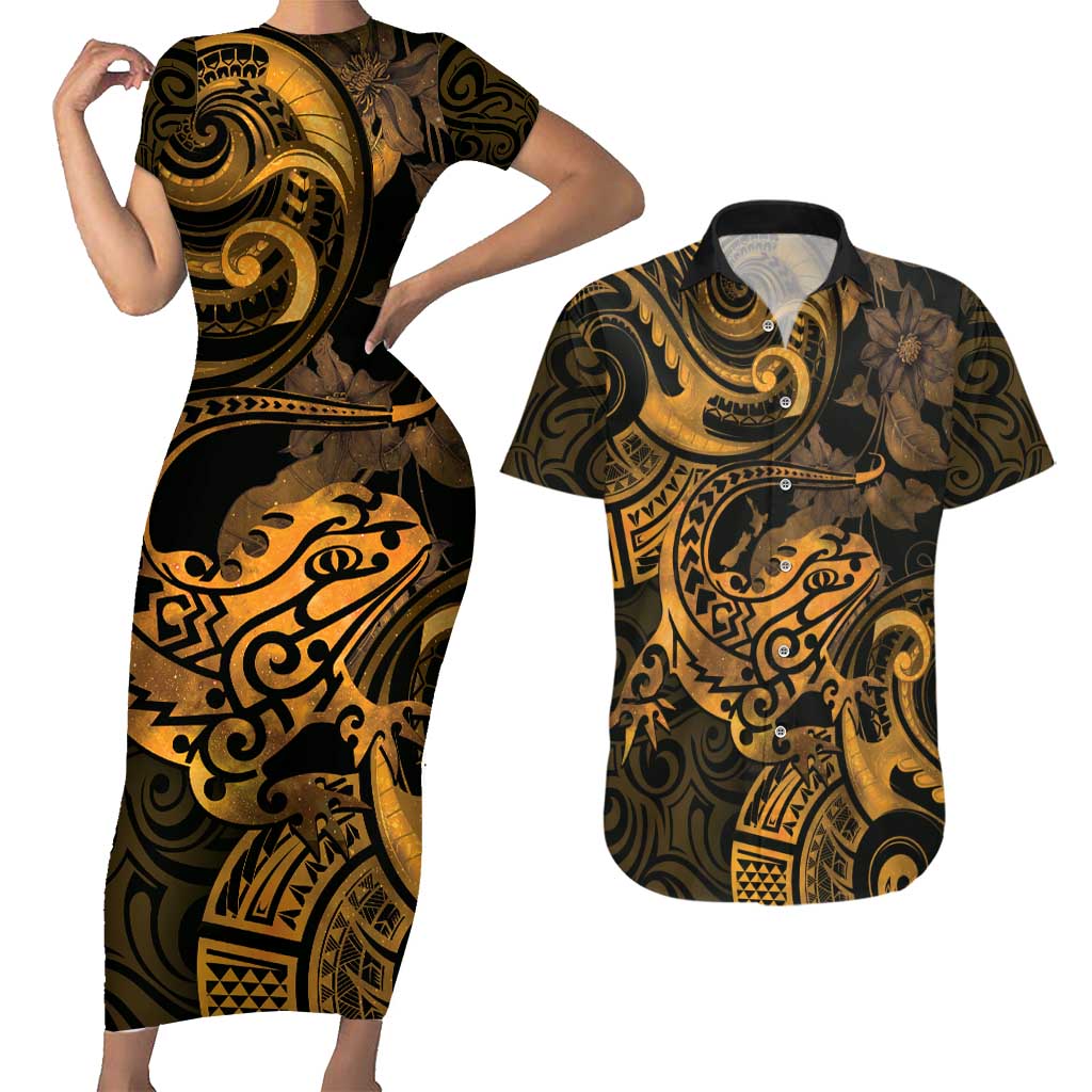 New Zealand Tuatara Couples Matching Short Sleeve Bodycon Dress and Hawaiian Shirt Aotearoa Maori Clematis Flowers - Gold LT14 Gold - Polynesian Pride