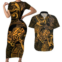 New Zealand Tuatara Couples Matching Short Sleeve Bodycon Dress and Hawaiian Shirt Aotearoa Maori Clematis Flowers - Gold LT14 Gold - Polynesian Pride