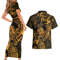 New Zealand Tuatara Couples Matching Short Sleeve Bodycon Dress and Hawaiian Shirt Aotearoa Maori Clematis Flowers - Gold LT14 - Polynesian Pride