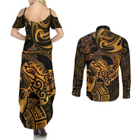 New Zealand Tuatara Couples Matching Summer Maxi Dress and Long Sleeve Button Shirt Aotearoa Maori Clematis Flowers - Gold LT14 - Polynesian Pride