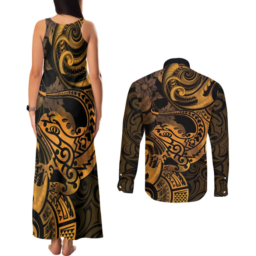 New Zealand Tuatara Couples Matching Tank Maxi Dress and Long Sleeve Button Shirt Aotearoa Maori Clematis Flowers - Gold LT14 - Polynesian Pride