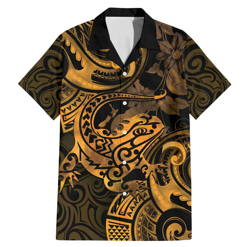 New Zealand Tuatara Family Matching Mermaid Dress and Hawaiian Shirt Aotearoa Maori Clematis Flowers - Gold LT14 Dad's Shirt - Short Sleeve Gold - Polynesian Pride