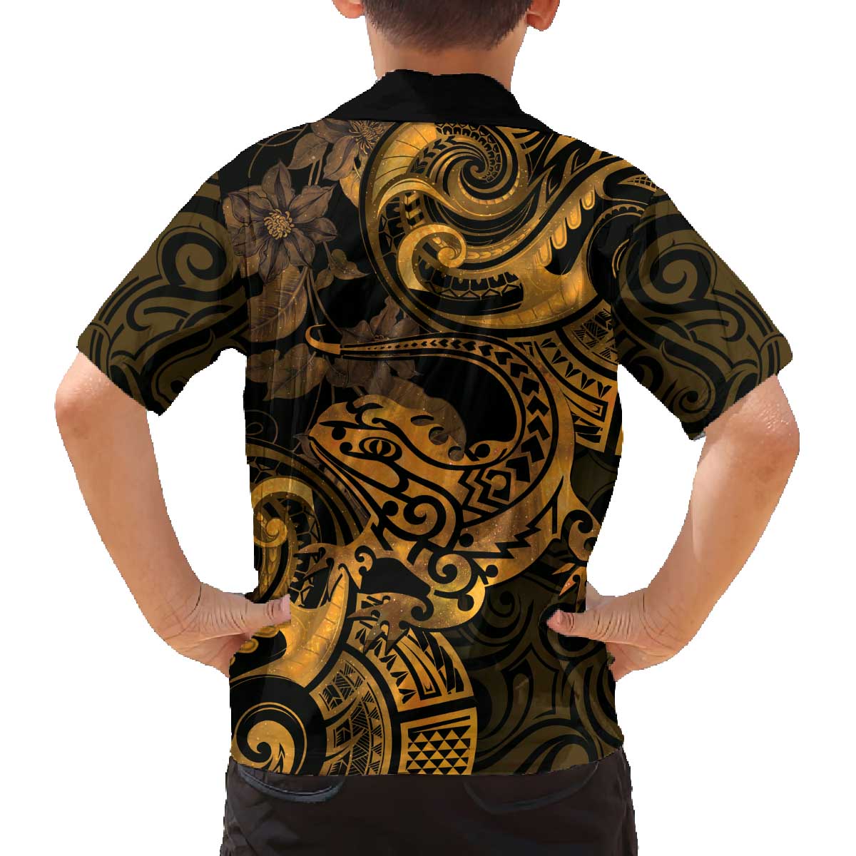 New Zealand Tuatara Family Matching Off The Shoulder Long Sleeve Dress and Hawaiian Shirt Aotearoa Maori Clematis Flowers - Gold LT14 - Polynesian Pride