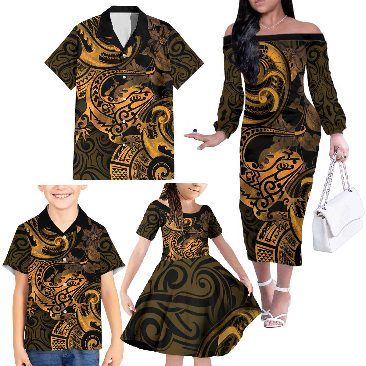 New Zealand Tuatara Family Matching Off The Shoulder Long Sleeve Dress and Hawaiian Shirt Aotearoa Maori Clematis Flowers - Gold LT14 - Polynesian Pride