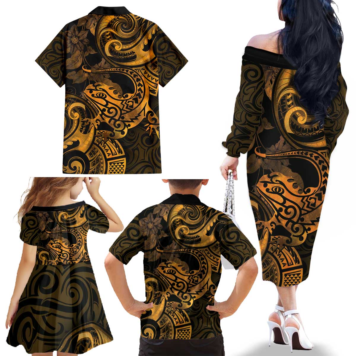 New Zealand Tuatara Family Matching Off The Shoulder Long Sleeve Dress and Hawaiian Shirt Aotearoa Maori Clematis Flowers - Gold LT14 - Polynesian Pride