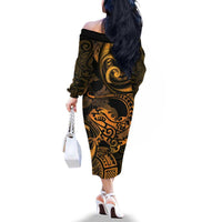 New Zealand Tuatara Family Matching Off The Shoulder Long Sleeve Dress and Hawaiian Shirt Aotearoa Maori Clematis Flowers - Gold LT14 - Polynesian Pride