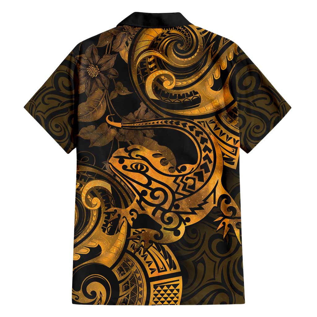 New Zealand Tuatara Family Matching Off Shoulder Maxi Dress and Hawaiian Shirt Aotearoa Maori Clematis Flowers - Gold LT14 - Polynesian Pride