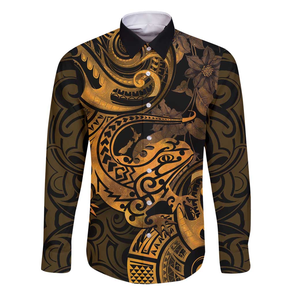 New Zealand Tuatara Family Matching Off Shoulder Maxi Dress and Hawaiian Shirt Aotearoa Maori Clematis Flowers - Gold LT14 Dad's Shirt - Long Sleeve Gold - Polynesian Pride