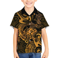 New Zealand Tuatara Family Matching Off Shoulder Maxi Dress and Hawaiian Shirt Aotearoa Maori Clematis Flowers - Gold LT14 Son's Shirt Gold - Polynesian Pride