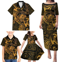 New Zealand Tuatara Family Matching Puletasi and Hawaiian Shirt Aotearoa Maori Clematis Flowers - Gold LT14 - Polynesian Pride