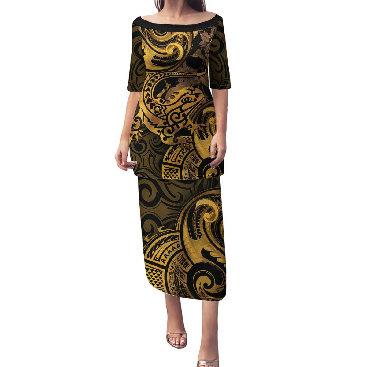 New Zealand Tuatara Family Matching Puletasi and Hawaiian Shirt Aotearoa Maori Clematis Flowers - Gold LT14 Mom's Dress Gold - Polynesian Pride