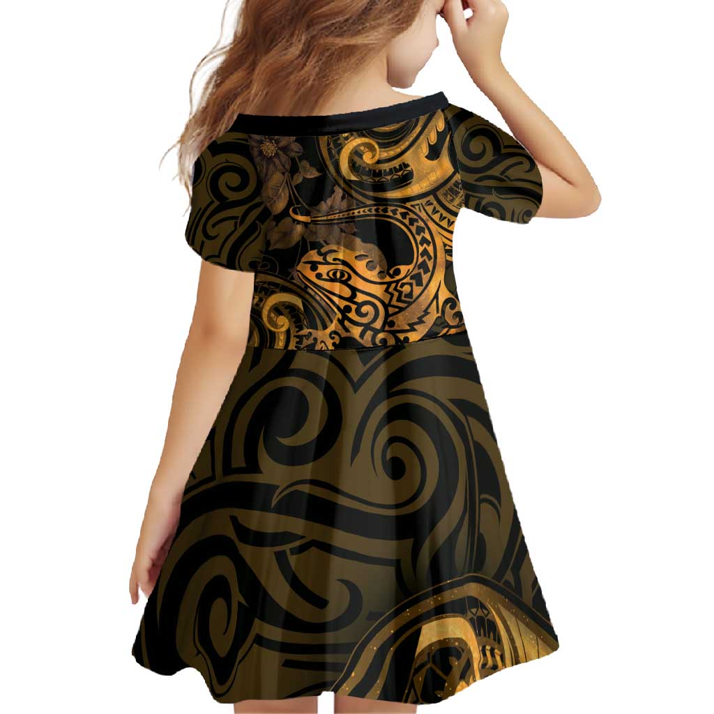 New Zealand Tuatara Family Matching Summer Maxi Dress and Hawaiian Shirt Aotearoa Maori Clematis Flowers - Gold LT14 - Polynesian Pride