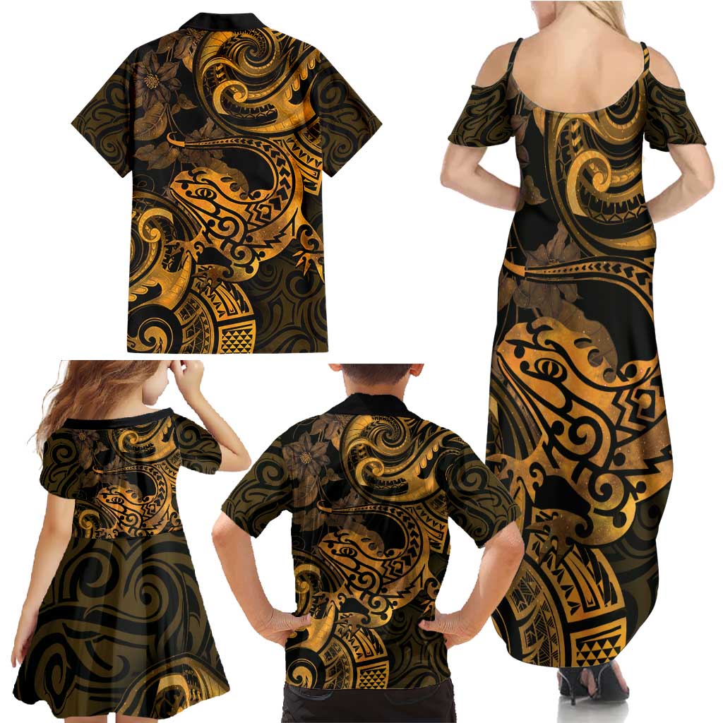 New Zealand Tuatara Family Matching Summer Maxi Dress and Hawaiian Shirt Aotearoa Maori Clematis Flowers - Gold LT14 - Polynesian Pride