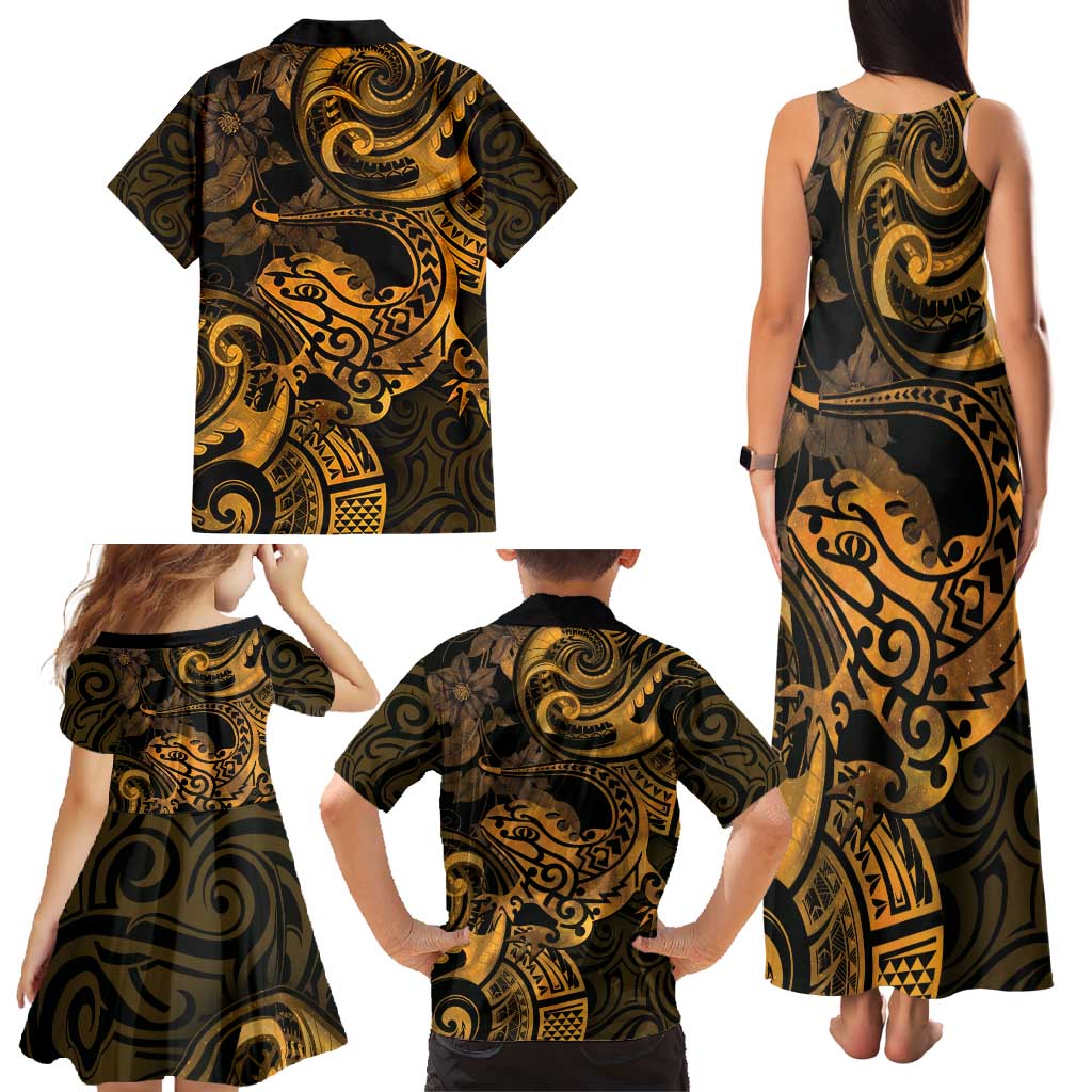 New Zealand Tuatara Family Matching Tank Maxi Dress and Hawaiian Shirt Aotearoa Maori Clematis Flowers - Gold LT14 - Polynesian Pride