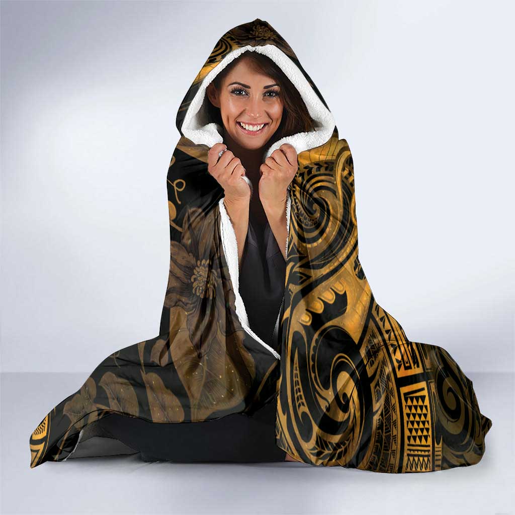 New Zealand Tuatara Hooded Blanket Aotearoa Maori Clematis Flowers - Gold LT14 - Polynesian Pride