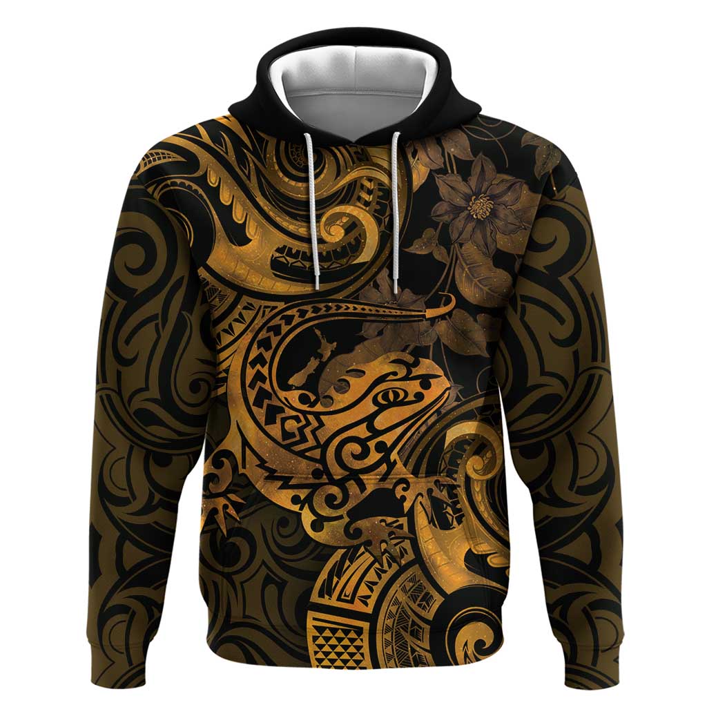 New Zealand Tuatara Hoodie Aotearoa Maori Clematis Flowers - Gold LT14 Pullover Hoodie Gold - Polynesian Pride