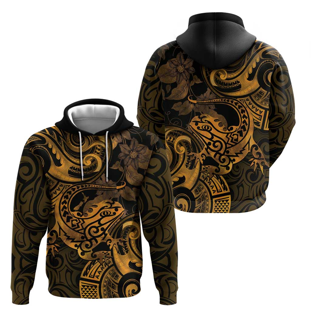 New Zealand Tuatara Hoodie Aotearoa Maori Clematis Flowers - Gold LT14 - Polynesian Pride