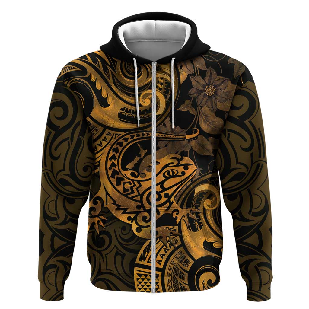 New Zealand Tuatara Hoodie Aotearoa Maori Clematis Flowers - Gold LT14 Zip Hoodie Gold - Polynesian Pride