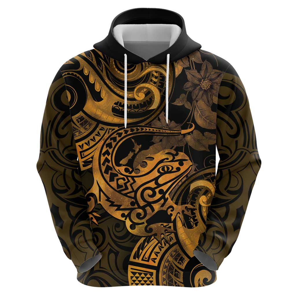 New Zealand Tuatara Hoodie Aotearoa Maori Clematis Flowers - Gold LT14 - Polynesian Pride