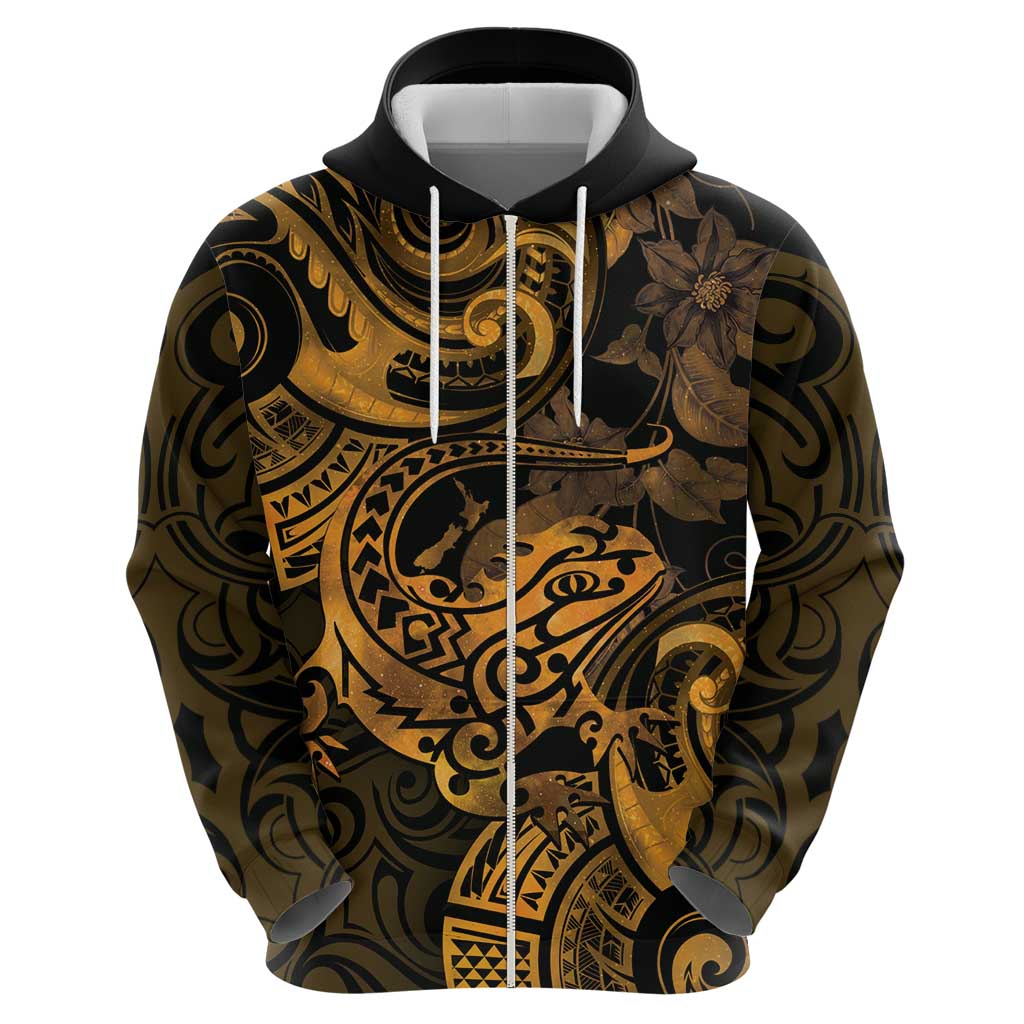 New Zealand Tuatara Hoodie Aotearoa Maori Clematis Flowers - Gold LT14 - Polynesian Pride