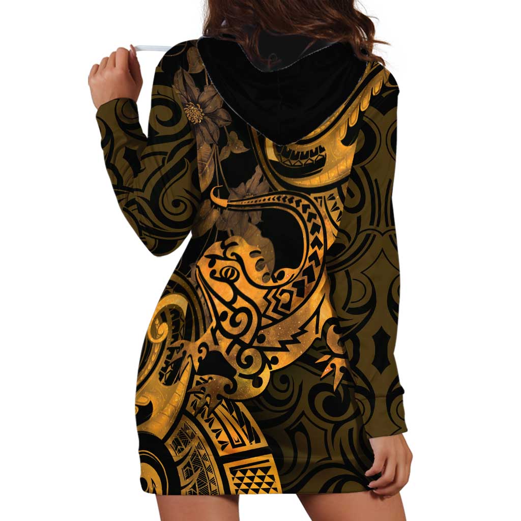 New Zealand Tuatara Hoodie Dress Aotearoa Maori Clematis Flowers - Gold LT14 - Polynesian Pride
