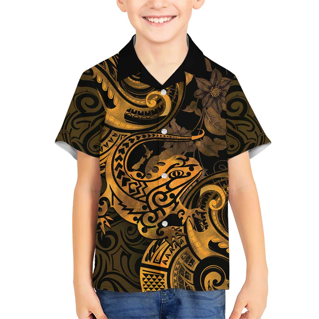 New Zealand Tuatara Kid Hawaiian Shirt Aotearoa Maori Clematis Flowers - Gold LT14 Kid Gold - Polynesian Pride