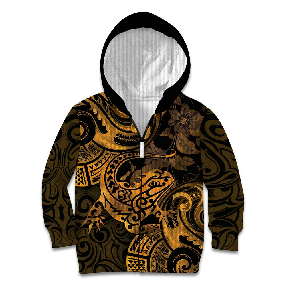 New Zealand Tuatara Kid Hoodie Aotearoa Maori Clematis Flowers - Gold LT14 Zip Hoodie Gold - Polynesian Pride