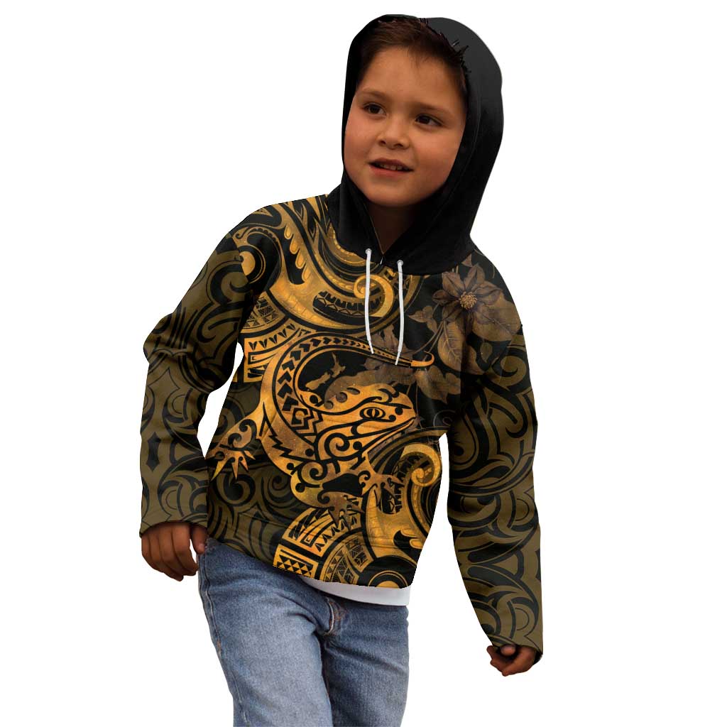 New Zealand Tuatara Kid Hoodie Aotearoa Maori Clematis Flowers - Gold LT14 - Polynesian Pride