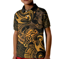 New Zealand Tuatara Kid Polo Shirt Aotearoa Maori Clematis Flowers - Gold LT14 Kid Gold - Polynesian Pride