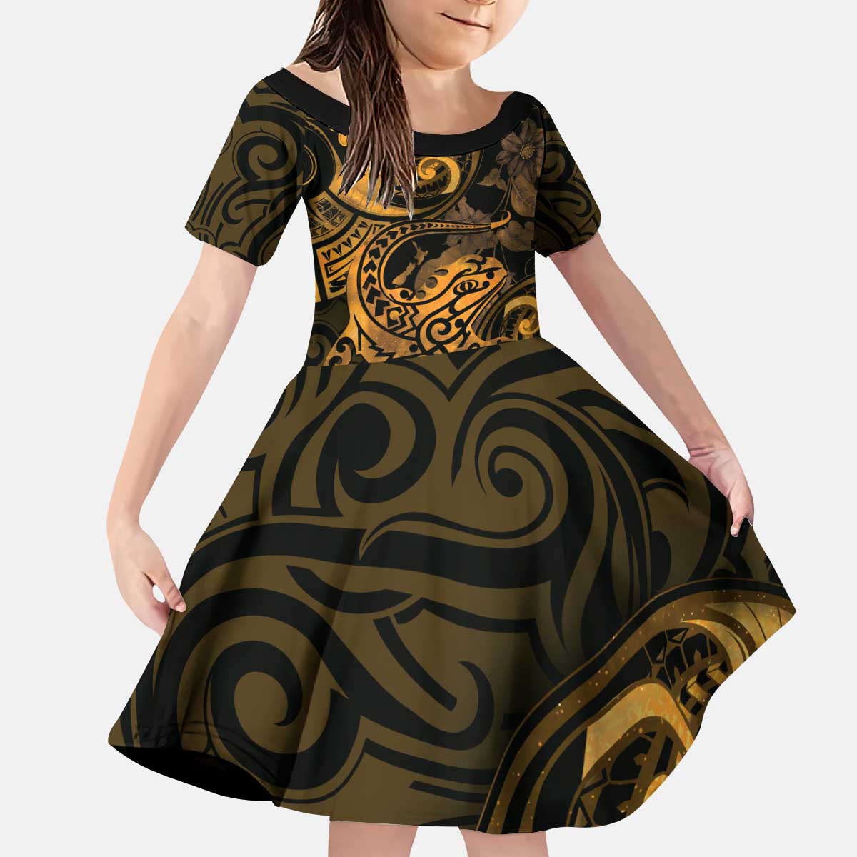New Zealand Tuatara Kid Short Sleeve Dress Aotearoa Maori Clematis Flowers - Gold LT14 KID Gold - Polynesian Pride