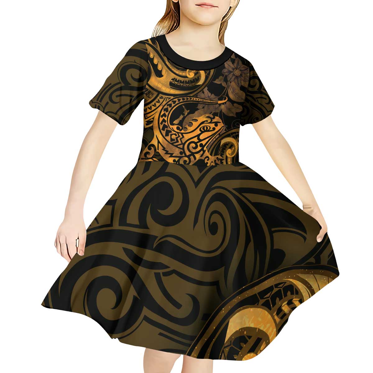 New Zealand Tuatara Kid Short Sleeve Dress Aotearoa Maori Clematis Flowers - Gold LT14 - Polynesian Pride