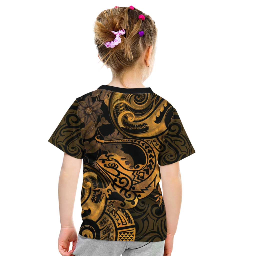 New Zealand Tuatara Kid T Shirt Aotearoa Maori Clematis Flowers - Gold LT14 - Polynesian Pride