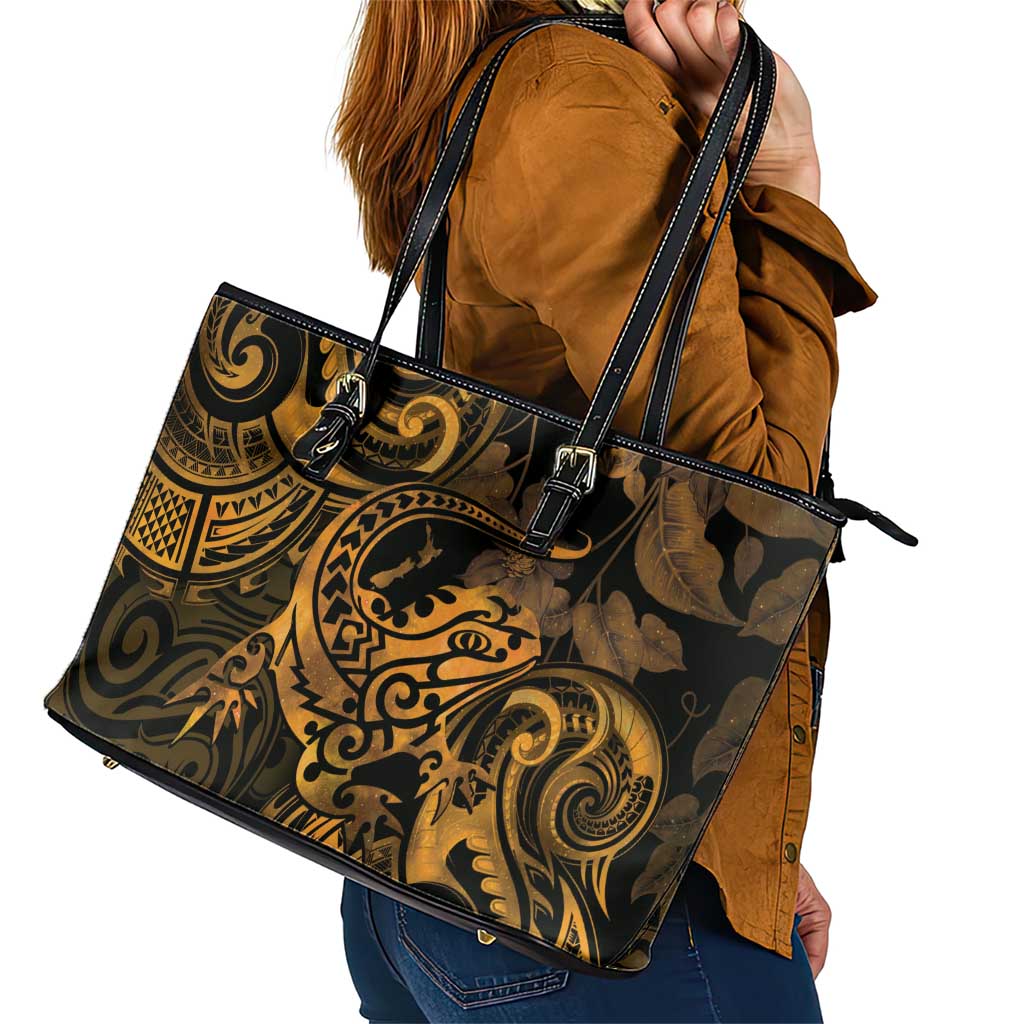 New Zealand Tuatara Leather Tote Bag Aotearoa Maori Clematis Flowers - Gold LT14 - Polynesian Pride