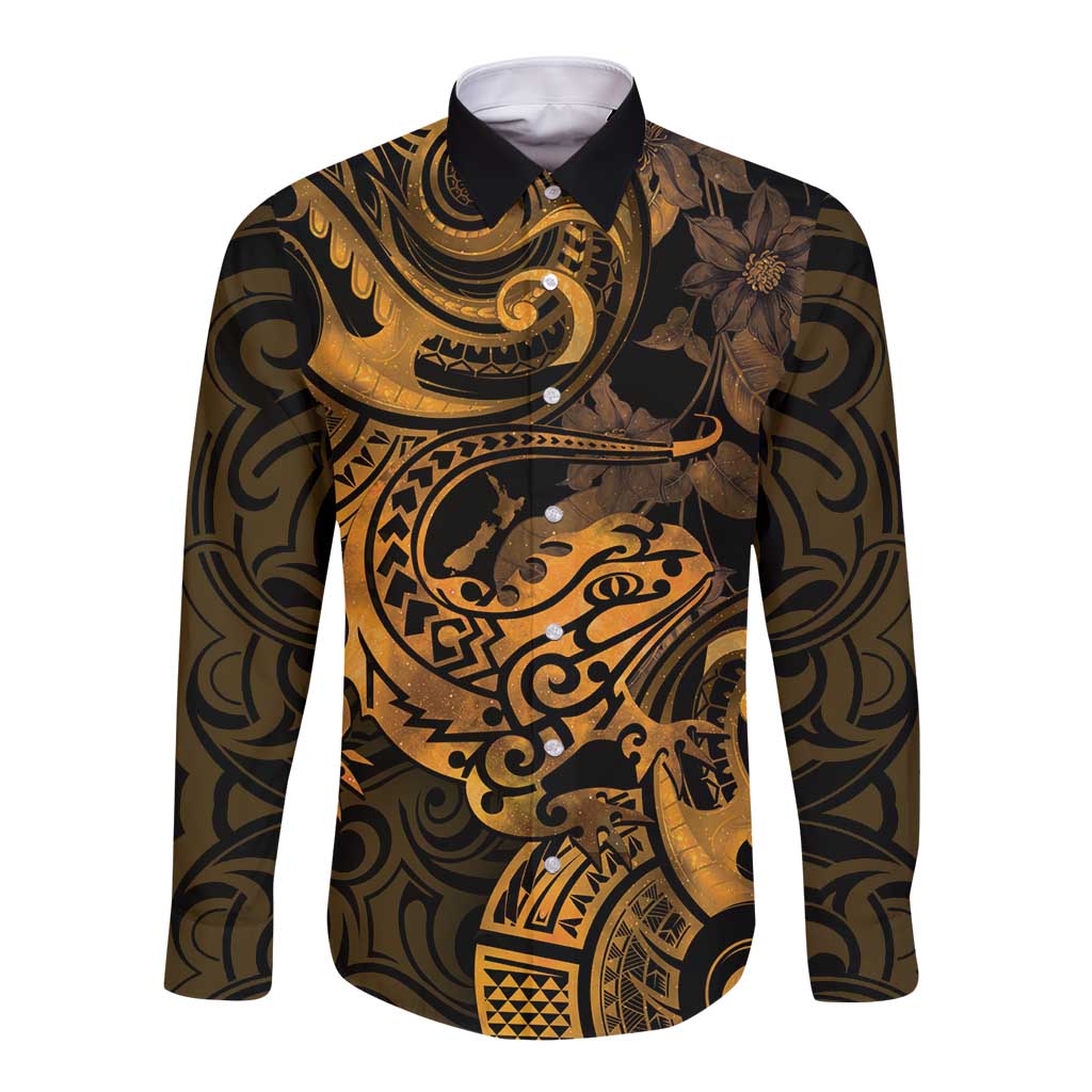 New Zealand Tuatara Long Sleeve Button Shirt Aotearoa Maori Clematis Flowers - Gold LT14 Unisex Gold - Polynesian Pride